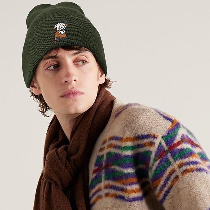 Scottish Highland Cow Beanie Hat, Cute Funny Cow Embroidery Winter Knit Skull Cap for Adult Men Women