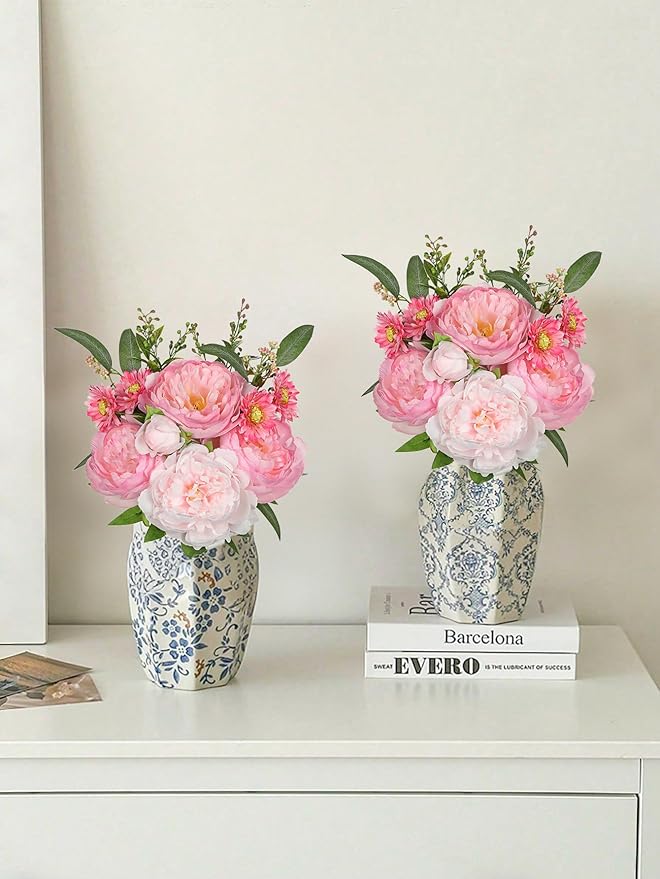 Hot Pink Flowers Artificial Peonies Silk Flowers with Stems 20PCS Realistic Fake Peony Daisies Long Faux Flowers for Vase Floral Centerpiece Arrangements Wedding DIY Bridal Bouquet Party Home Decor