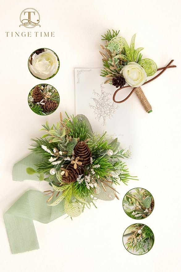 TINGE TIME Corsage and Boutonniere Set, Prom Flower Wrist Corsage Wristlet, Boutonniere for Men Wedding Flowers Accessories Prom Suit Decorations (White Ivory Greenery)