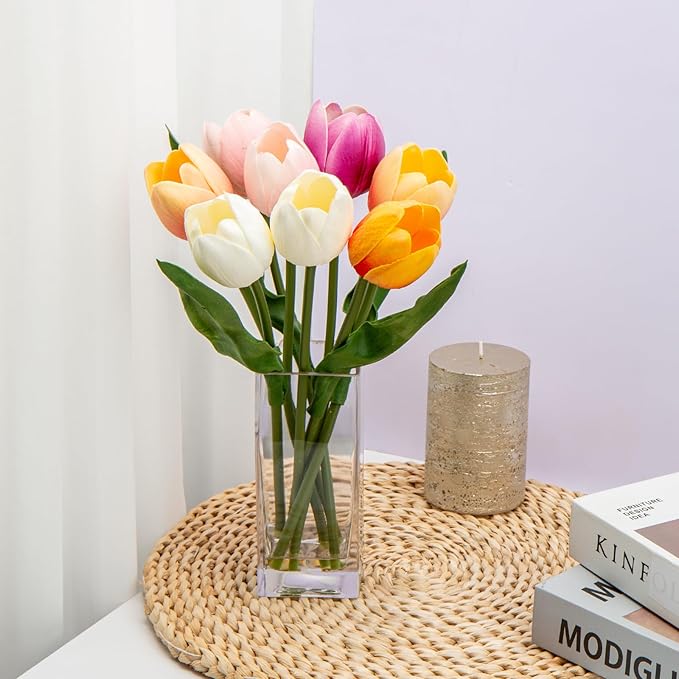 Briful Fake Flowers Artificial Tulip Flower in Clear Vase, Multi Color Real Touch Foam Tulip Arrangement Suitable for Home Office Decoration, Dining Table Centerpiece
