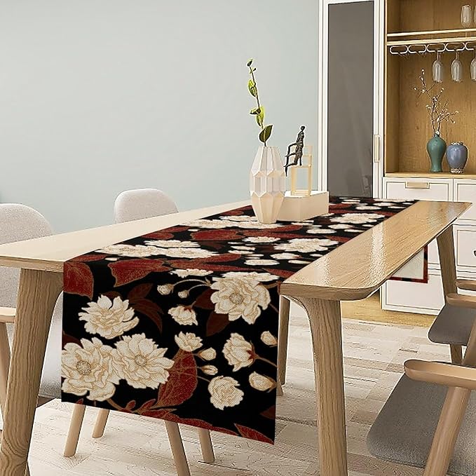Vintage Flowers Table Runner,Boho Red Gold Floral Plant Print Art Table Runner for Home Kitchen Table Dining Indoor Outdoor Party Decor 13x90 Inch