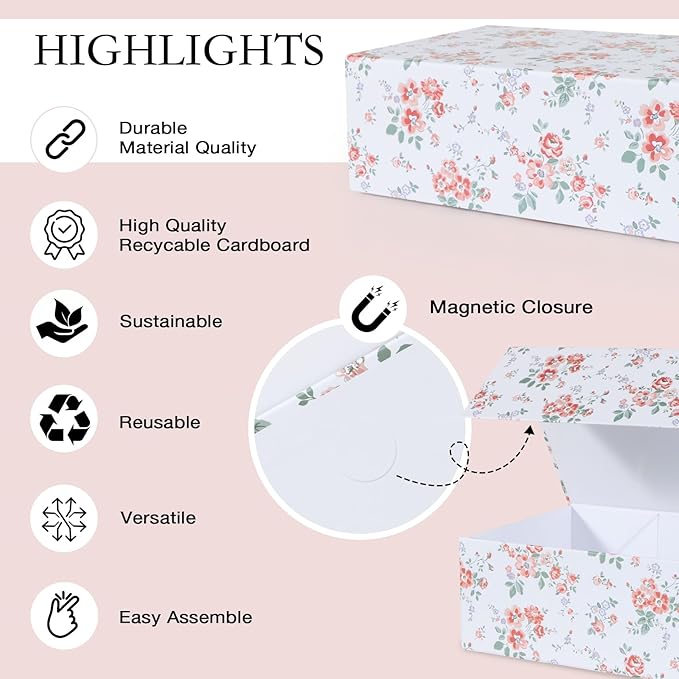 Rose Floral Gift Box with Magnetic Lids 13.8x8.3x4.4 in, Large Bridesmaid Proposal Boxes, Rectangle Wedding Decorative Storage Box 5 Pack