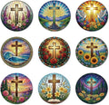 ANATTASOUL Coasters Set of 9 Cross and Flower Pattern Colorful Wooden Coasters Bulk Round Housewarming Gift for New Home, 3.9" Decorative Coffee Table Protection for Farmhouse Bar House Decor