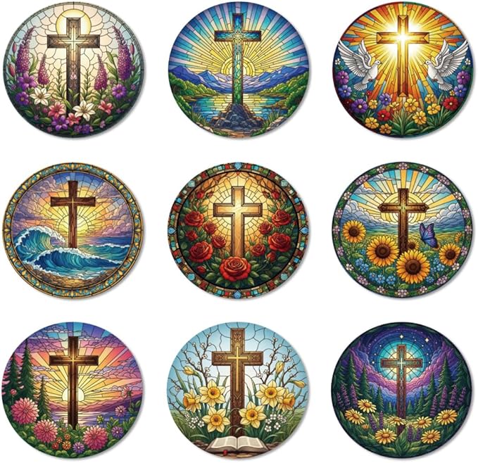 ANATTASOUL Coasters Set of 9 Cross and Flower Pattern Colorful Wooden Coasters Bulk Round Housewarming Gift for New Home, 3.9" Decorative Coffee Table Protection for Farmhouse Bar House Decor