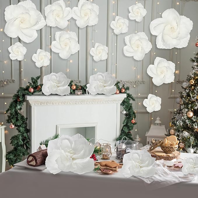 Giant Paper Flowers Artificial Large Paper Flower Decoration for Handcrafted Wall Backdrop Christmas Mexican Wedding Graduation Bridal Shower Birthday Party Supplies(White,48 Pcs)