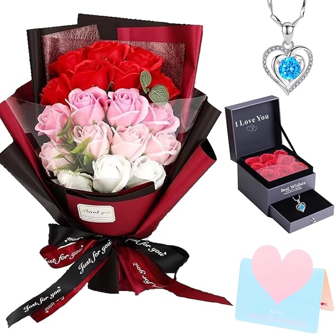 Roses Bouquet Artificial Flower - Preserved Red Rose Flowers with Love Necklace for Her Unique Gift for Birthday, Valentine's Day, Mother's Day, Thanksgiving, Christmas, Anniversary (Pink and Red)