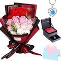 Roses Bouquet Artificial Flower - Preserved Red Rose Flowers with Love Necklace for Her Unique Gift for Birthday, Valentine's Day, Mother's Day, Thanksgiving, Christmas, Anniversary (Pink and Red)
