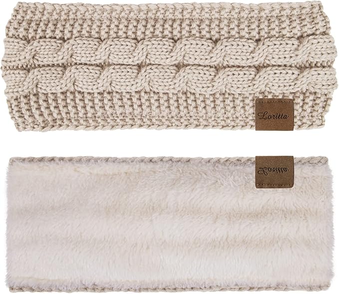 Loritta Womens Ear Warmers Headbands Winter Warm Fuzzy Cable Knit Head Wrap Fleece Lined Gifts