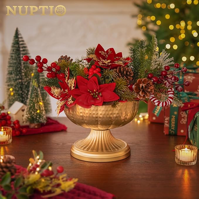 NUPTIO Gold Vases for Centerpieces Wedding: Hammered Brass Compote Vases for Small Flowers Arrangements - Metal Pedestal Bowl for Table Home Decor Set of 2