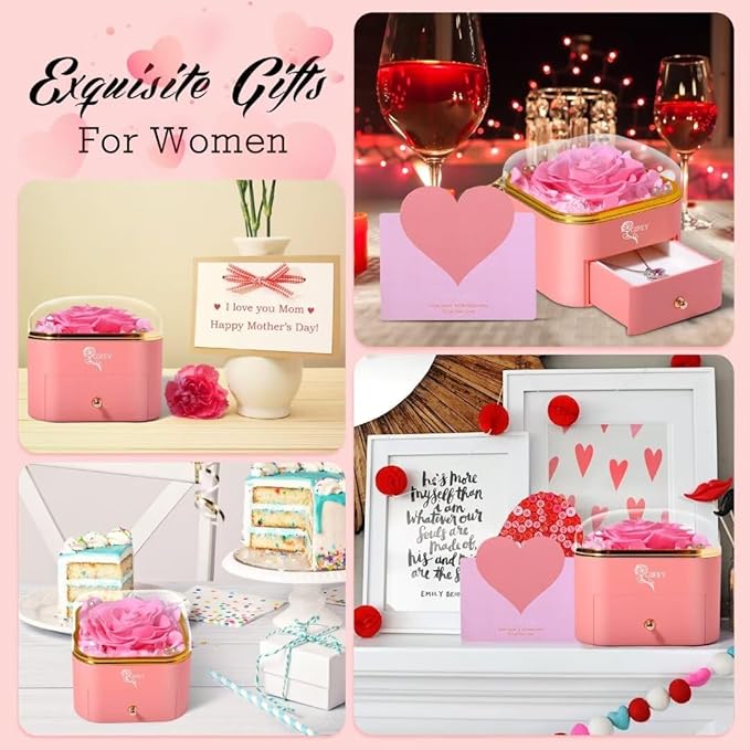 Chritmas Rose Gifts for Women,Preserved Rose with Necklace Forever Flowers Pink Rose Birthday Gifts for Women Mom Grandma Her Wife Girlfriend on Christmas Valentines Day Anniversary Birthday Gifts