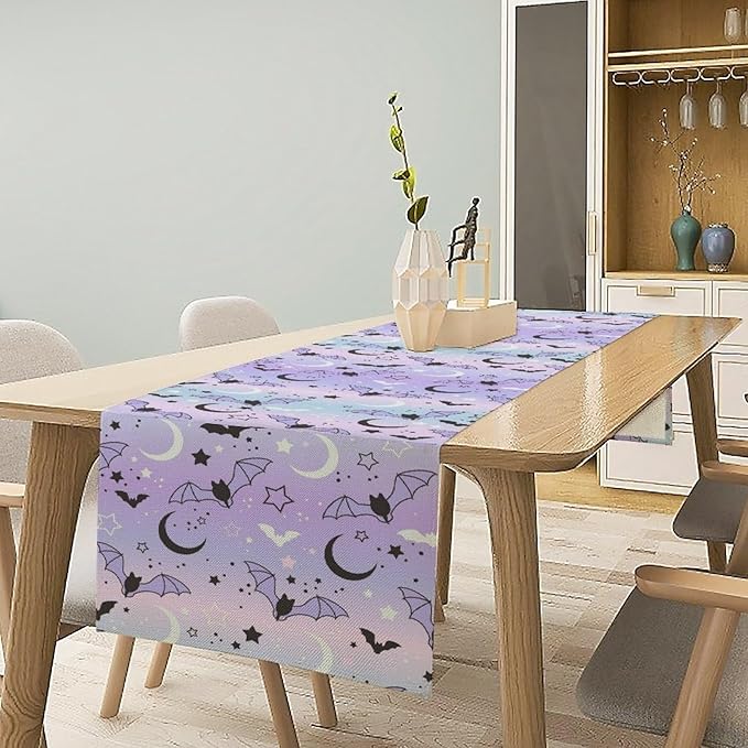 Gothic Table Runner,Cute Bat Star Sky Print Table Runner for Home Kitchen Table Dining Garden Farmhouse Wedding Party Decor 13x108 Inch