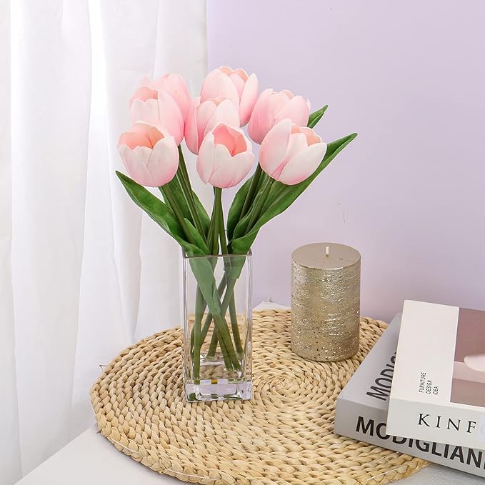Briful Fake Flowers Artificial Tulip Flower Pink in Clear Vase, Real Touch Foam Tulip Arrangement Suitable for Home Office Decoration, Dining Table Centerpiece