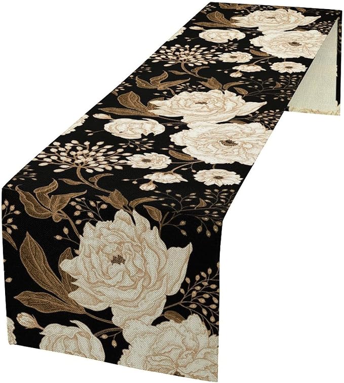 Vintage Flowers Table Runner,Black Gold Peony Rose Print Table Runner for Home Kitchen Table Dining Indoor Outdoor Party Decor 13x90 Inch