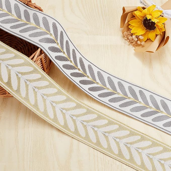 OLYCRAFT 10.9Yards Jacquard Ribbon Trim 2.4 Inch Leaf Pattern Polyester Ribbons Grey White Woven Embroidery Trim for DIY Sewing Crafts Handmade Bag Belts Clothing Decoration