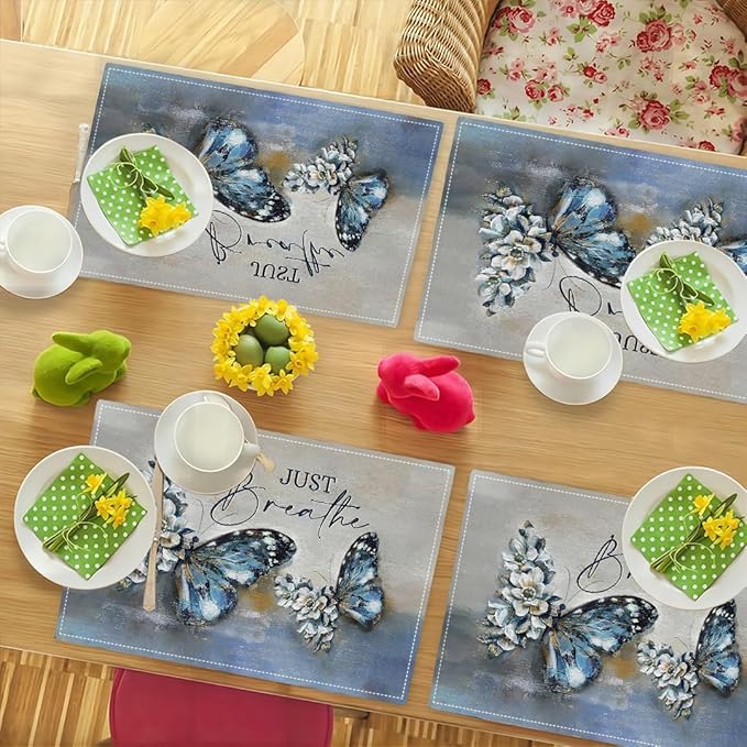 Blue Butterfly Placemats Set of 4, Farmhouse Country Rustic Just Breathe Place Mats Washable Double-Sided Table Mats for Dining Room Home Party Indoor 4 PCS 12x18 Inch