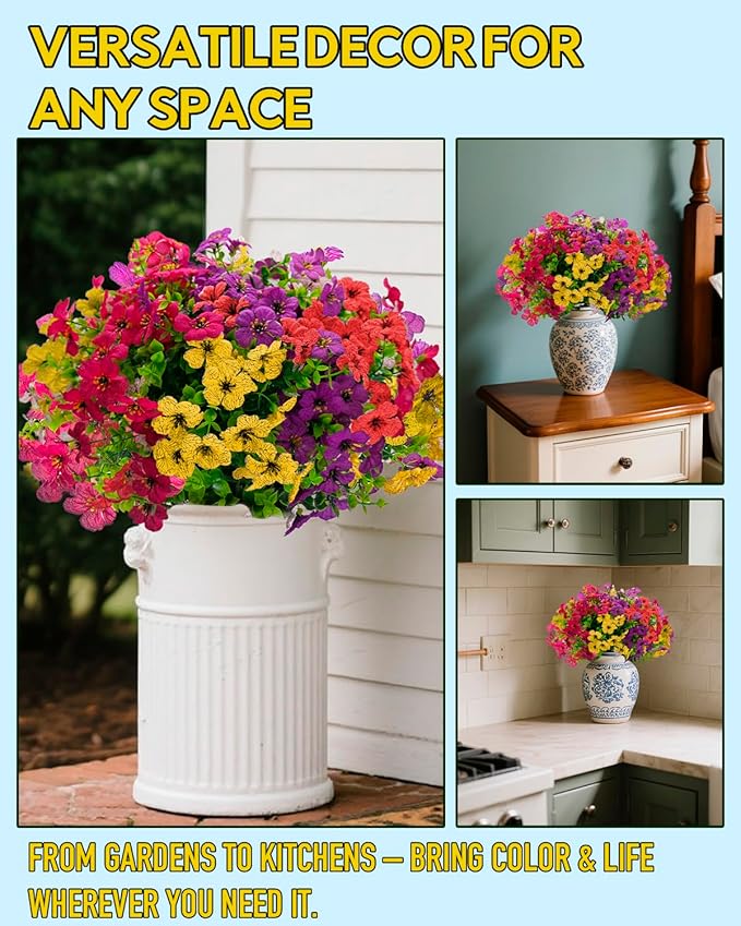 UV Resistant Daisy Faux Flowers for Outdoor Planters Hanging Basket Window Box - 18 Bundles Fake Flowers Outside with Eucalyptus, Realistic Silk Artificial Plants for Porch Garden Home Décorations