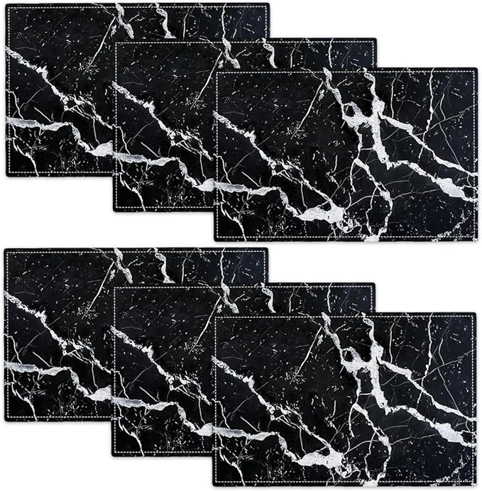Black Marble Placemats Set of 6, Abstract Place Mats Washable Double-Sided Table Mats for Kitchen Dining Room Home Party Indoor Decor 6 PCS 12x18 Inch
