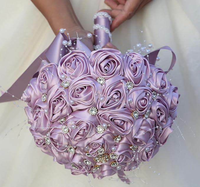 Bridal Wedding Bouquet Round Bling Brooch Bouquet Throw Toss Artificial Rose Flower Bunch for Bride Bridesmaid Wedding Quinceanera(Light Taro Purple, 6.3")