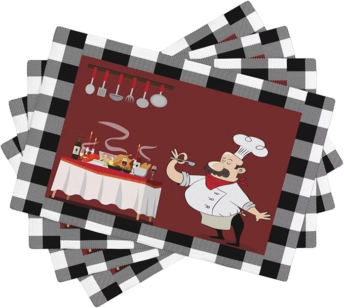 Chef Kitchen Linen Placemats Set of 4 Black White Buffalo Plaid Cooking Theme Placemats for Indoor Outdoor Party Home Desktop Dining Room Decor 12x18 Inch