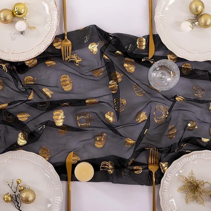 Socomi Gold Table Runner Fall Pumpkin Gauze Sheer Chiffon Cheesecloth Sequin 10FT Glitter Metallic Foil Dining Wedding Birthday Party Baby Shower Holiday Centerpiece Table Decor 3pcs Black