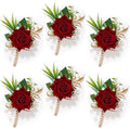 Serwalin 6PCS Red Rose Boutonniere for Men Wedding Groom Groomsmen Best Man Boutonniere for Wedding Ceremony Anniversary Prom Flowers Formal Dinner Party, Red