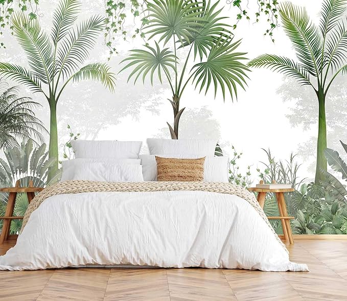 Woods Botanical Landscape Mural, Green Leafy Botanical Wallpaper, Suitable for Bedroom, Living Room, Bathroom Background Wall Decoration（Non-self-Adhesive）