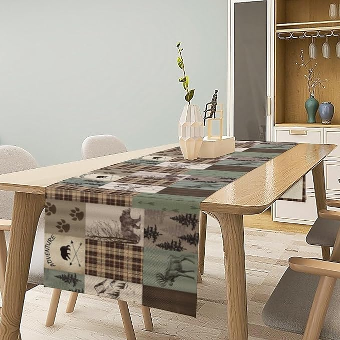 Rustic Moose Deer Bear Table Runner, Retro Vintage Bear Cottage Country Style Cabin Farmhouse Dinner Runner for Home Kitchen Dining Table Decoration 13"x90"