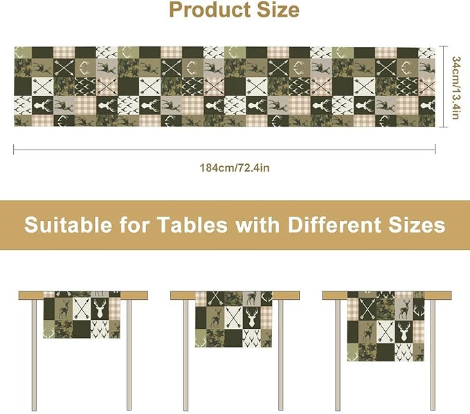 Farmhouse Table Runner, Rustic Deer Camouflage Buffalo Plaid Wild Animal Seasonal Coffee Table Center Decor for Home Kitchen Dining Holiday Party Table Decorations 13x108 inches
