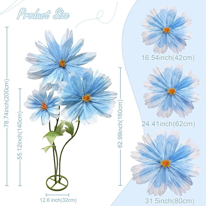Large Daisy Flower Artificials for Decoration, 6.1ft Giant Daisies Spring Artificial Paper Flowers, Wedding Reception Essential Party Banquet Background Decor, Indoor outdoor Home Decor 3Pcs(Blue)