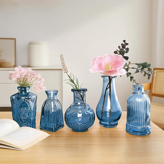Blue Glass Vase Set of 12, Clear Bud Vase in Bulk, Small Flower Vases for Centerpieces, Mini Vases for Flowers, Vintage Decorative Embossed Vase for Home Decor, Wedding Table Decoration, Gift