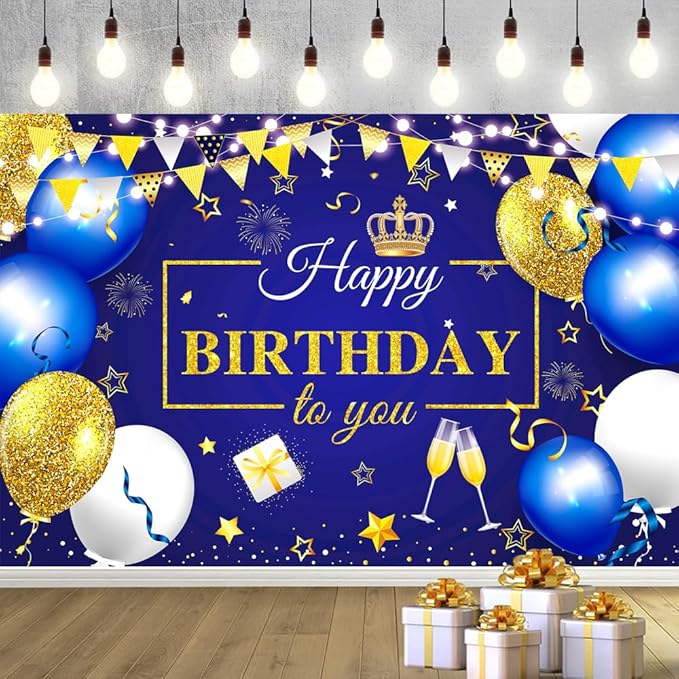 YinQin 180x120 cm Royal Navy Gold Happy Birthday Party Photography Backgrounds Backdrops Cloth 71x47 inch Glitter Navy Blue Golden Happy Birthday Sign Banners Decorations Supplies for Women Men