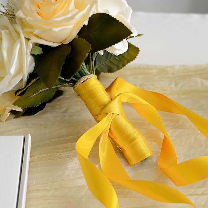 MEEDEE Yellow 1 Inch Ribbon Yellow Satin Ribbon Lux Double Faced Ribbons by 50 Yards Polyester Wrapping Ribbons for Crafts, Wedding, Flower Bouquet, Holiday Decorating