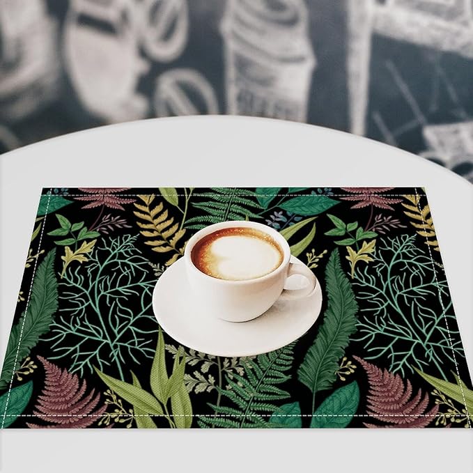 Leaf Placemats Set of 4, 17x12 Inch Vintage Natural Botanical Herbal Green Leaves Table Mats for Home Party Kitchen Dining Decor