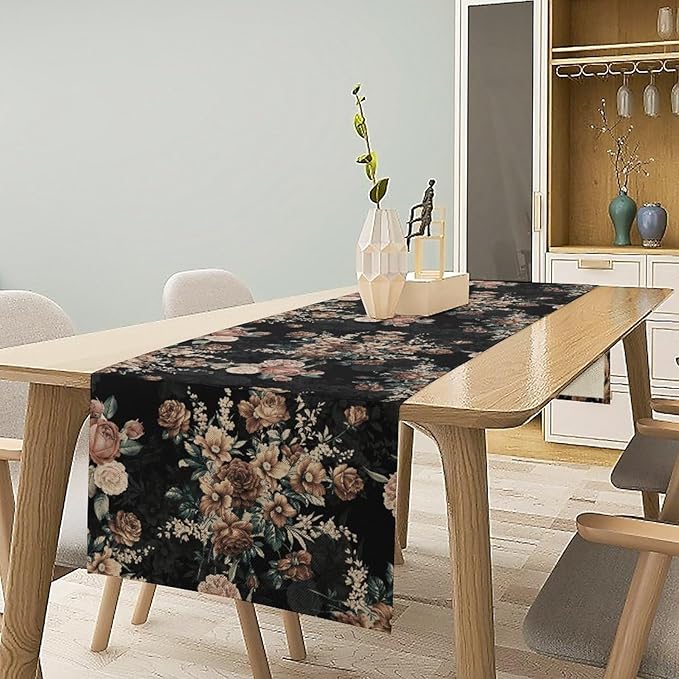 Dark Floral Table Runner, Orange Blossoming Flower Bunch Rose Gothic Black Wildflowers Table Runner for Farmhouse Kitchen Dining Table Decor, 13x60inch