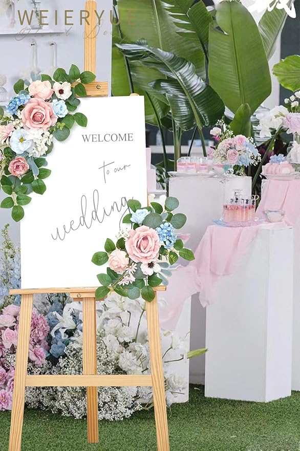 WEIERYUE(Pack of 2 Artificial Flowers Decorations,Artificial Arch Backdrop Garlandfor Ceremony Party Reception Entrance Welcome Easel Door Floral Decor Wall Home Entryway Outdoor (Soft Blue Powder)