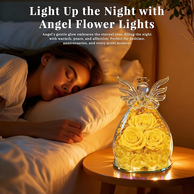 Beferr Christmas Birthday Gifts for Women, Mom Gifts for Christmas Fresh Flowers for Delivery Prime Forever Preserved Rose in Glass Angel Figurine Xmas Gifts for Grandma Wife Sister Her, Yellow