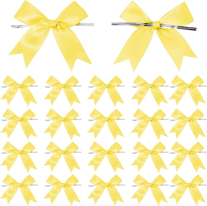 50 Counts Yellow Twist Tie Bows 3.1" Pre-Tied Satin Ribbon Bow Decor Mini Twist Tie Bows for Gift Wrapping Treat Bags Cake Bridal Baby Shower Birthday Party Favors Wedding Decorations