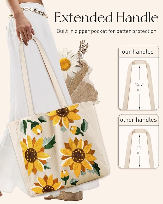 Aesthetic Embroidery Tote Bag for Women - Reusable Canvas Cute Shoulder Bag for Shopping, Grocery, Work, Book