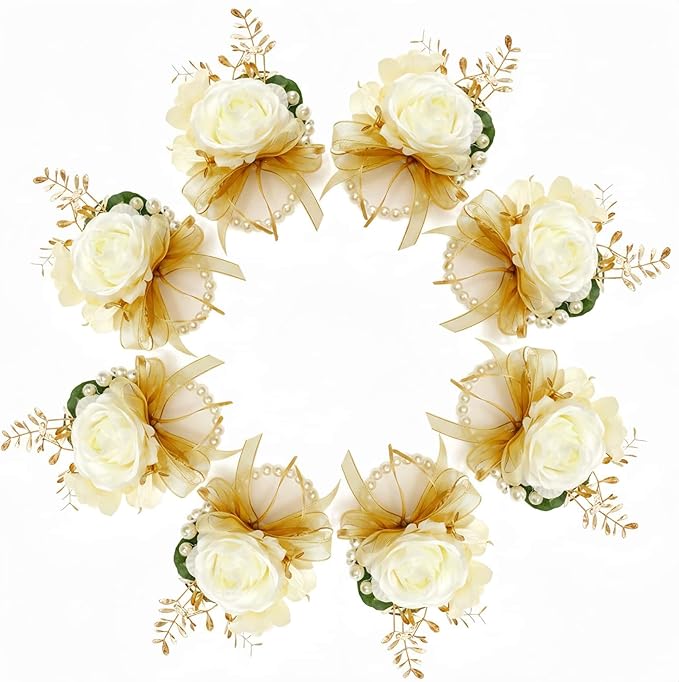 Rose Champagne Wrist Corsages 8 Pcs - Bride Bridesmaid Wrist Corsage Bracelets for Wedding, Prom and Anniversary,Formal Dinner Party & Flower Girl Accessories(C)