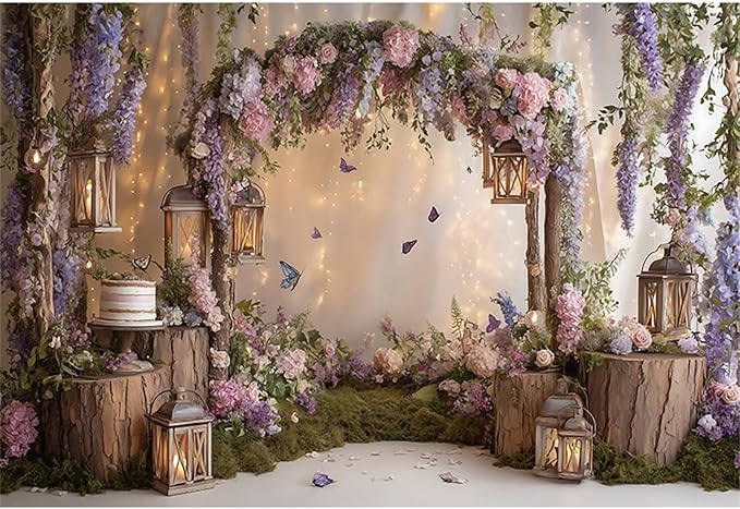 Baocicco Purple Flowers Wall Backdrop 7x5ft Rustic Style Wooden Arch Door Butterfly Background Photography Rural Wedding Baby Shower Birthday Party Banner Supplies Anniversary Decorations Props