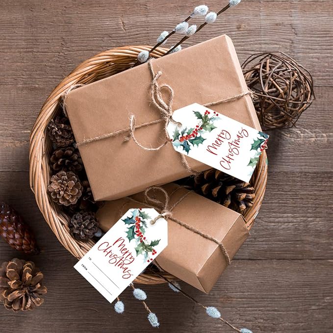 Andaz Press Christmas Holiday Season Classic Gift Tags, Merry Christmas to from Classic Favor Tags, Watercolor Holly Branch Leaves Design, for Holiday Events, Parties, and Favors, 60-Pack