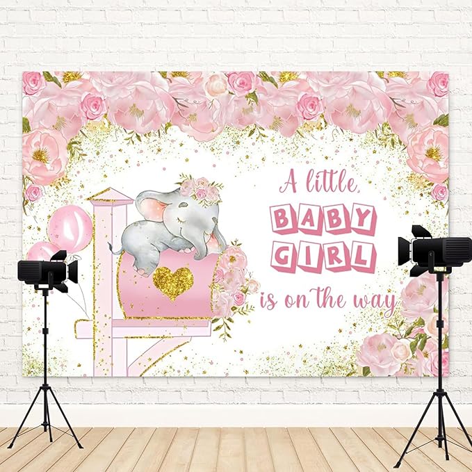 10x6.5ft Elephant Baby Shower Backdrop A Little Baby Girl is On The Way Photography Background Pink Floral Balloon Mailbox Baby Girls Party Banner Decorations Newborn Portrait Photo Booth Prop