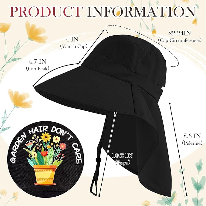 Garden Hats for Women Gardener Gifts Sun Protection Wide Brim Embroidered Hat with Neck Flap for Christmas Birthday