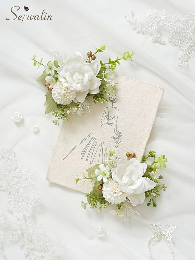 Serwalin Set of 2 Boutonniere for Men, 6-7inch Corsage Groom Groomsman Best Man Boutonnieres for Wedding Prom Ceremony Anniversary Party Cake Topper, Ivory White