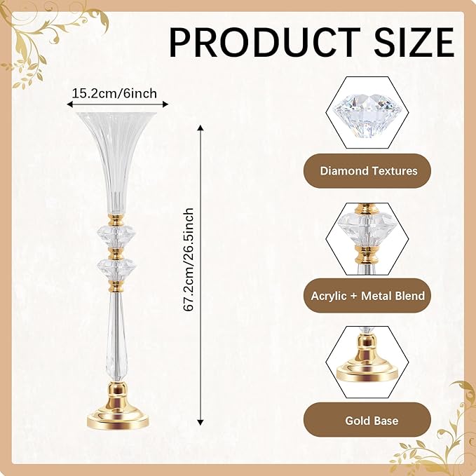 VIJIV Tall Crystal Acrylic Flower Vases for Centerpieces, 26.2" Large Clear Decorative Trumpet Vases, Wedding Flower Stand with Ribbed, Table/Floor Vase for Bridal Showers & Dining Room, Home Décor