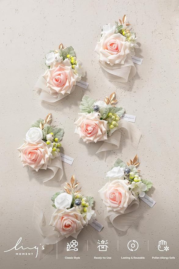 Ling's moment 6pcs Wedding Wrist Corsage Artificial Flowers, Girl/Mother Homecoming Prom Corsages Wristlet Décor, etc. Peach Pink