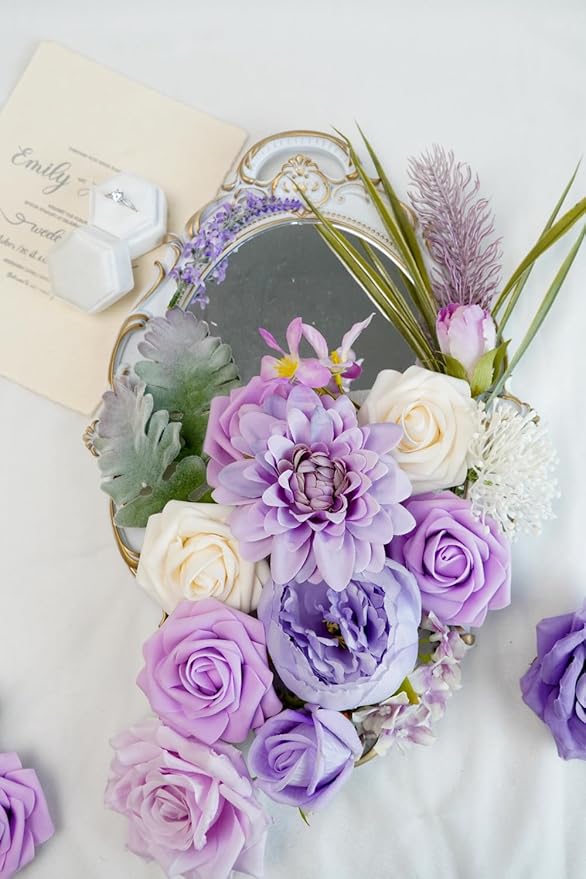 Artificial Flower Combination Box Set Artificial Flower Loose Leaves and Stems DIY Wedding Center Bouquet Bride Wedding Baby Shower（Lavender Lilac）