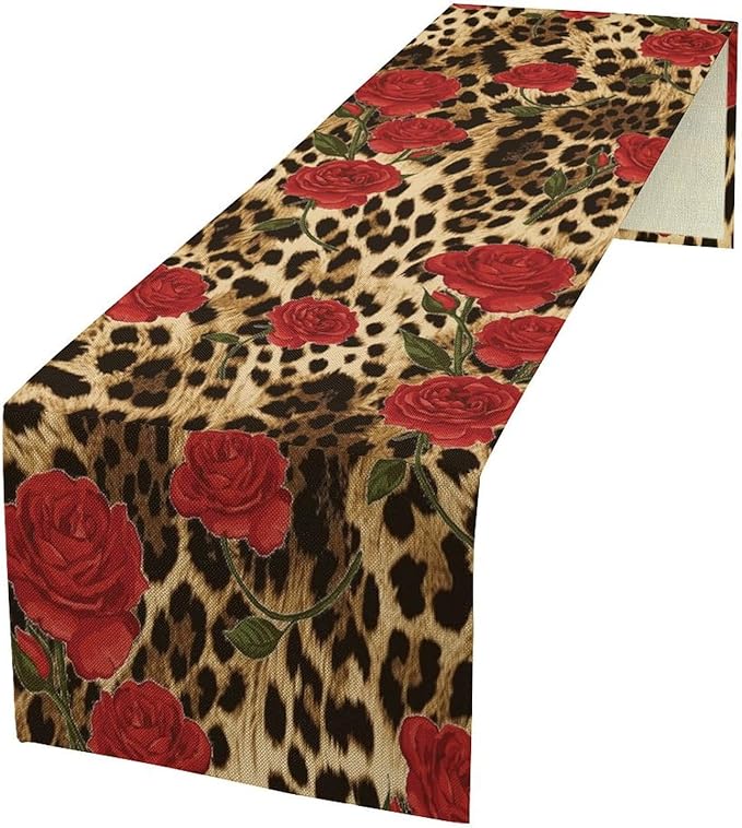 Red Rose Leopard Print Table Runner, Romantic Vintage Rose Flower Spring Summer Dinner Runner Table Decoration for Home Kitchen Dining Holiday Wedding Party 13x36in