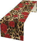 Red Rose Leopard Print Table Runner, Romantic Vintage Rose Flower Spring Summer Dinner Runner Table Decoration for Home Kitchen Dining Holiday Wedding Party 13x36in