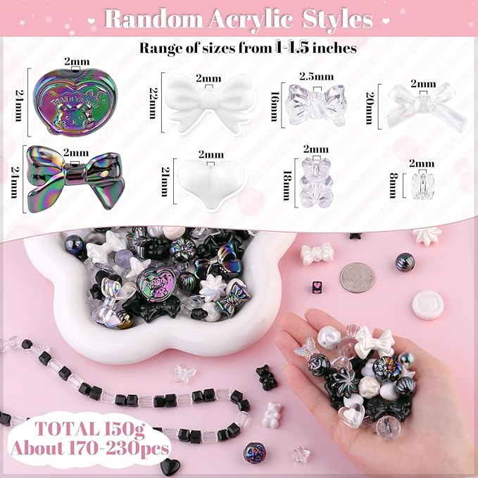 Assorted Acrylic Beads, 200-260PCS Black Cute Beads for Bracelet Making, GummyBear Bow Flower Candy Kawaii Charms for Jewelry Making DIY Necklace Keychain Phone Charm Christmas Gift